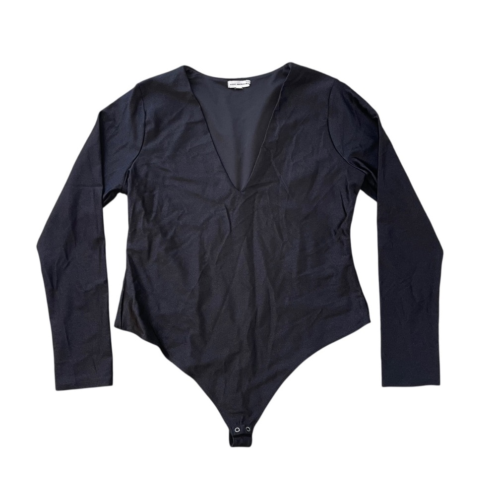 Good American Black Long Sleeve V Neck Thong‎ Bodysuit Size 6 Chic Stretch